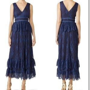PARKER Women's  Navy Blue Veronica Lace Tiered Sleeveless Maxi Gown Size 10